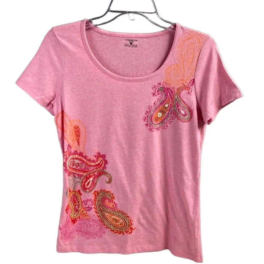 JONES NEW YORK SPORT Scoop Neck Paisley Graphic Shirt Sleeve Pink Top Small